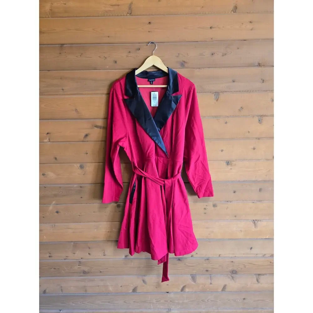 Torrid Tuxedo Dress Mini Skater Jester Red NWT 24 Vneck Satin Long Sleeve Belted - Picture 2 of 6
